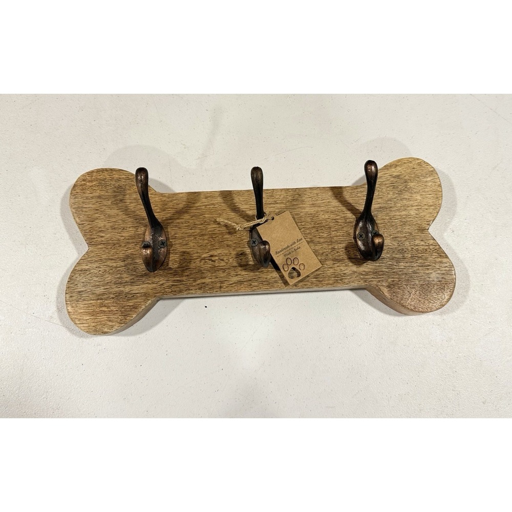 Handmade Rustic Wood Wall 3 Hook Hanger Animal Dog Bone Pet Leash Key Coat Rack
